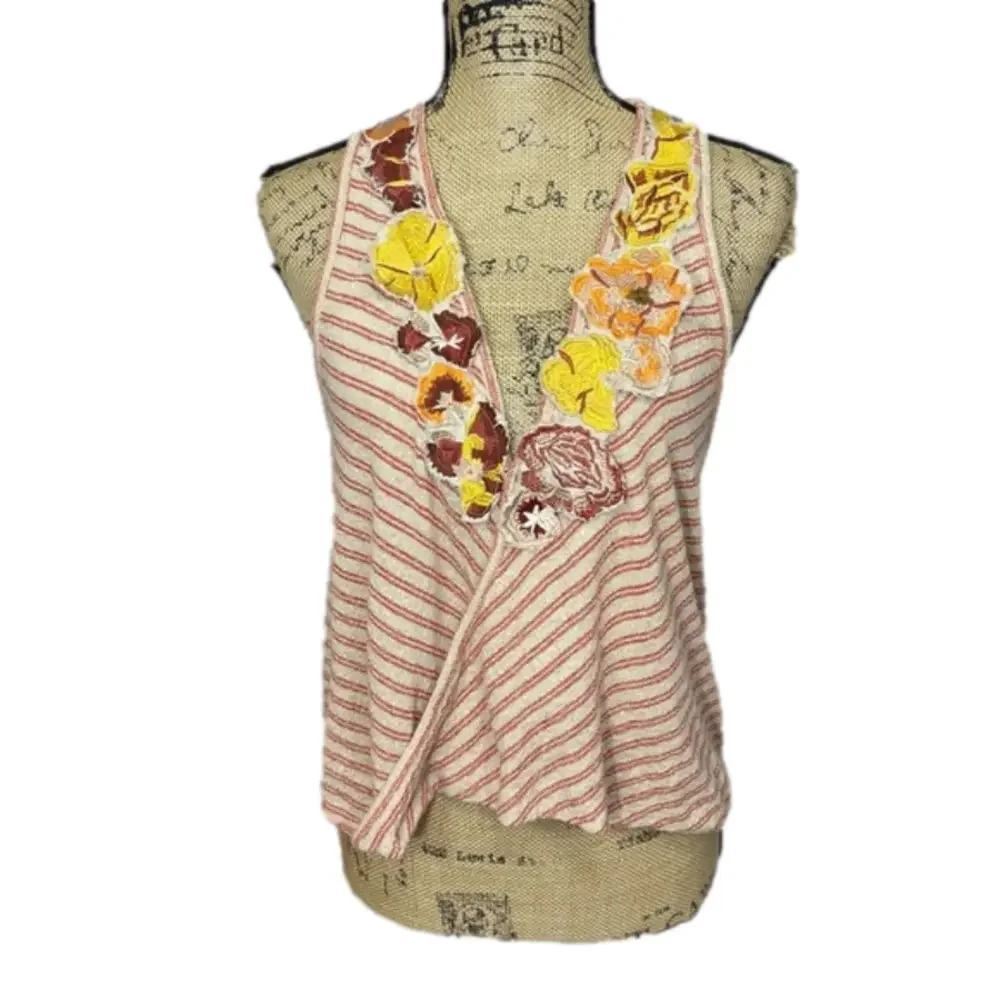 Free People Striped Surplice Tank Floral Appliqués